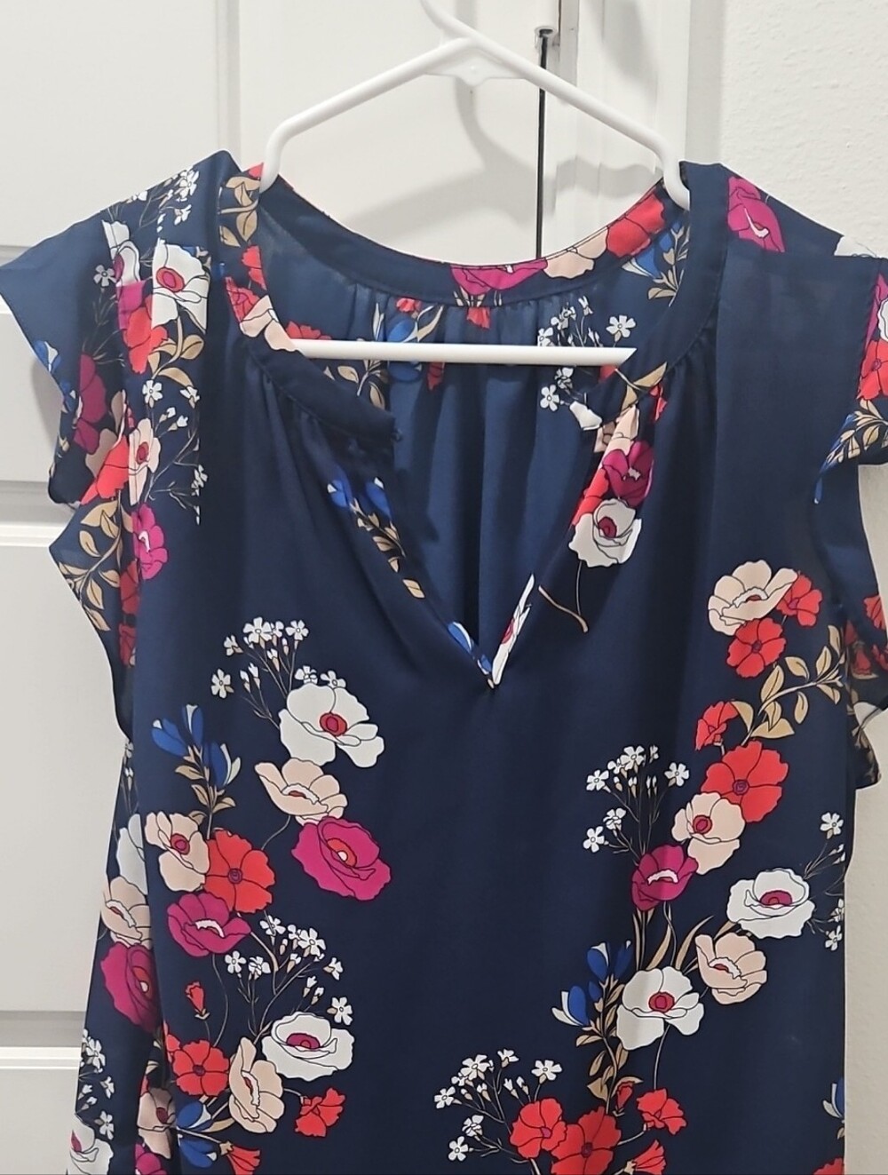POPSUGAR Navy Floral V-Notch Cap-Sleeve Blouse
